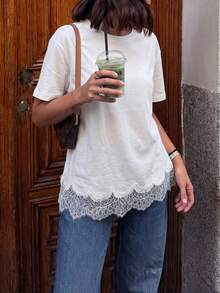 Vintage French Casual Lace Patchwork Round Neck Ruffle Loose Everyday Commute Date Party Vacation Women T-Shirt, Spring/Summer White - White - View 6
