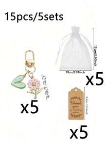 15pcs Pink Chrysanthemum Heart Keychain Gift Set - Includes 5 Keychain Pendants, 5 Thank-You Cards, And 5 Tulle Bags. The Zinc Alloy Keychains Are Decorated With Green Hearts And Pink Flowers, And Can Be Used As Bag Charms Or Headphone Charms. Perfect For Wedding Gifts, Travel Souvenirs, Graduation Party Gifts, Birthday Gifts, Housewarming Gifts, And Mother's Day Gifts. - 均碼 - 查看 9
