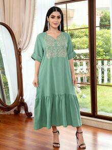 2026 New Style Ramadan Traditional Elegant Green Dress, Featuring Metallic Gold Embroidery, Stand Collar Design, Fashionable And Graceful Modest Dress - Mint Green - View 6