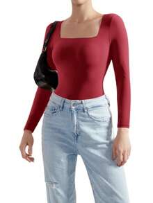 OMKAGI  Women's Long-Sleeved One-Piece Dress With A Sexy And Form-Fitting Triangle Thong Panty And One-Piece Top - 酒紅色 - 查看 7