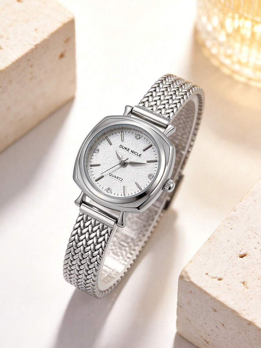 1件装女士时尚简约石英表，方形/圆形表盘，抛光银色表壳，优质合金材质，时尚金属表带，优雅低调的奢华设计，完美搭配现代休闲装束 - 白色 - 查看 1