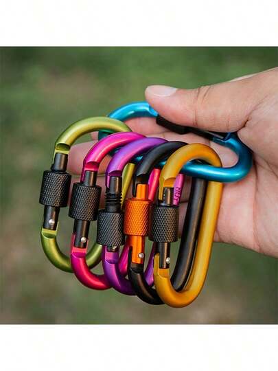 1/5pcs Random Colors D Shape Carabiner With Lock For Camping, Hiking, And Outdoor Adventures - Durable 8cm Aluminum With Stylish D-Ring Design