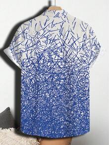 Blue Abstract Linear Pattern Symbolizing Freedom And Energy Harmoniously Fading From White To Deep Navy 3D Print Mens Short Sleeve Summer Beach Shirt - 白色 - 查看 3