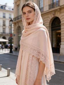 1pc Pearl Chiffon Lace Trim Women's Headscarf, New Summer Travel Shawl Scarf - Multicolor - View 2