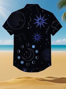 Starry Moonlight And Cosmic Constellation Pattern Symbolize The Mystery Of The Universe And The Endless Journey Of Dreams 3D Printed Men's Casual Short Sleeve Shirt - White - View 2