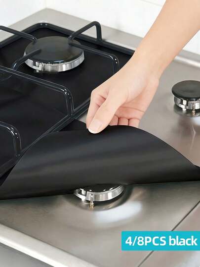 4pcs Black Oil-Proof Stove Mat, Washable Cleaning Pad, Stove Cover, Gas Stove Protector, Double-Layer Thickened, Reusable, Non-Stick, Kitchen/Cooking Quick Cleaning Mat, Gas Stove Burner Cover