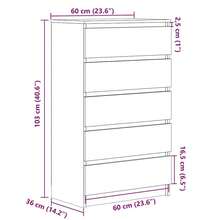 vidaXL Cassettiera, mobile con ampio spazio contenitivo, cassettiera per camera da letto o soggiorno, credenza, mobile laterale, grigio, 60x36x103 cm, legno composito - Grigio - Visualizzare 5