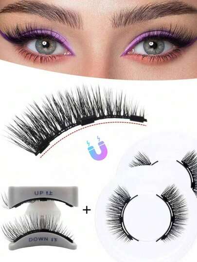 2 Pairs Reusable Magnetic False Eyelashes, No Glue Needed, 3D Natural Magnetic Lashes, Portable Makeup Tool, 3-Step Press-On Magnetic Eyelash Applicator