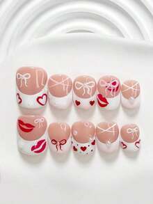 10pcs/Set Valentine's Day Handmade Nail Art Kit, Includes White Flower & Bow Decor, White & Red Gel Nails, French Polka Stickers, Heart Painting, Silver Beads Embedded, 3 Sizes Available: Almond/Square/Coffin Shape, With Set, Suitable Sweet Ladies & Girls, Valentine's Day/Party/Daily Wear Nail Supplies Handmade Press On Nails - 多色 27 - 查看 3