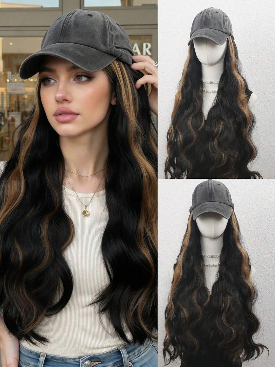 26 Inch Natural Black With Blonde Highlights Big Wave Curly Hair Extensions, Dark Grey Cowboy Baseball Cap Integrated Hat Wig, Heat-Resistant Synthetic Fiber, Adjustable, Suitable For Women