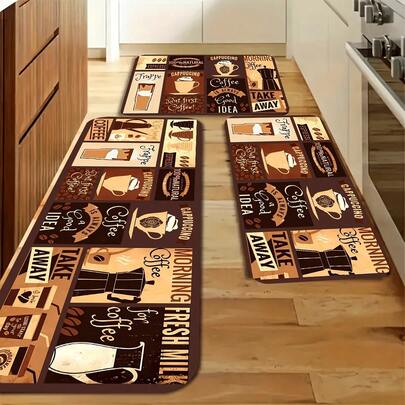 [Polyester Kitchen Mats] 2/3pcs + 1 Cm Sponge Base Non-Slip And Stain-Resistant Kitchen Floor Mats - Set Of Rugs With Coffee Print Pattern, Polyester, Quick-Drying, Suitable For Indoor And Outdoor Entrances, Laundry Room, Restroom Foot Mats,Luxury Velvet Carpet - High-Quality Lightweight Washable Rug, Soft & Fluffy, Durable Non-Slip Short Pile Carpet,Multiple Sizes Available,Non-Slip Bottom[Bathroom Mat] [Bath Mat][Bathroom Mats]Autumn/ Winter/Rome Decor/Home Decor/House Decor