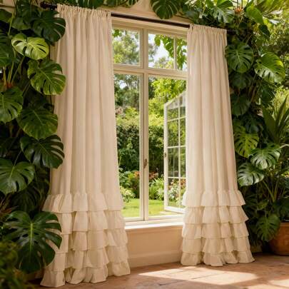 Beige Multi-Layer Ruffle Sheer Curtain, French Romantic Decorative Curtain For Bedroom, Living Room, Vintage Artistic Natural Home Decor Partition