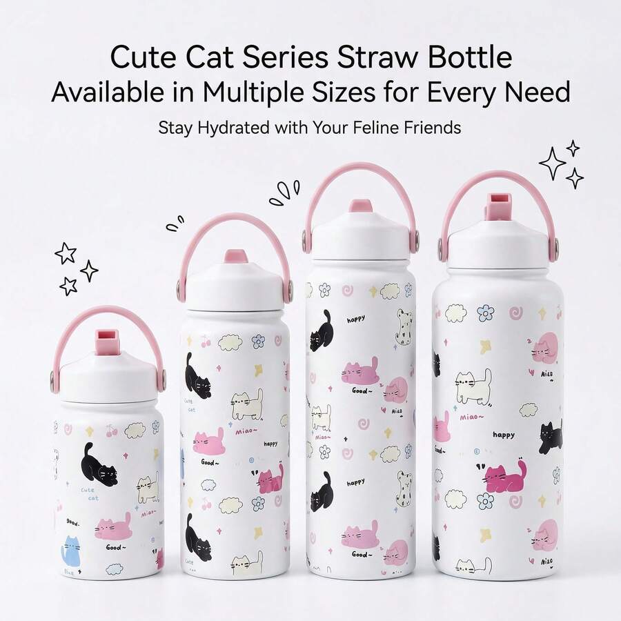 Bình nước giữ nhiệt 32oz có ống hút, thiết kế hình mèo bằng thép không gỉ, nắp lật, ống hút và tay cầm, chống rò rỉ, chất liệu kim loại, có thể tái sử dụng, miệng rộng, thích hợp cho du lịch, phòng tập thể dục và trường học. - Nhiều màu - Xem 1