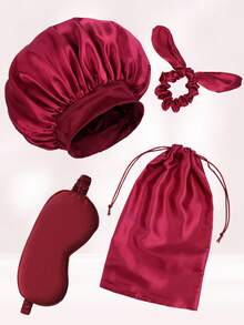 4pcs Hair Care Tool Set 1pc Satin Night Hat Bonnet Elastic Band Wide Brimmed Sleeping Caps 1 Pc Bow Cute Hair Tie /Scrunchies 1 PC Satin Eye Mask 1 PC Satin Bag Sleep Essentials Travel Set Solid Black Pink Burgundy Purple Gold - A - View 3