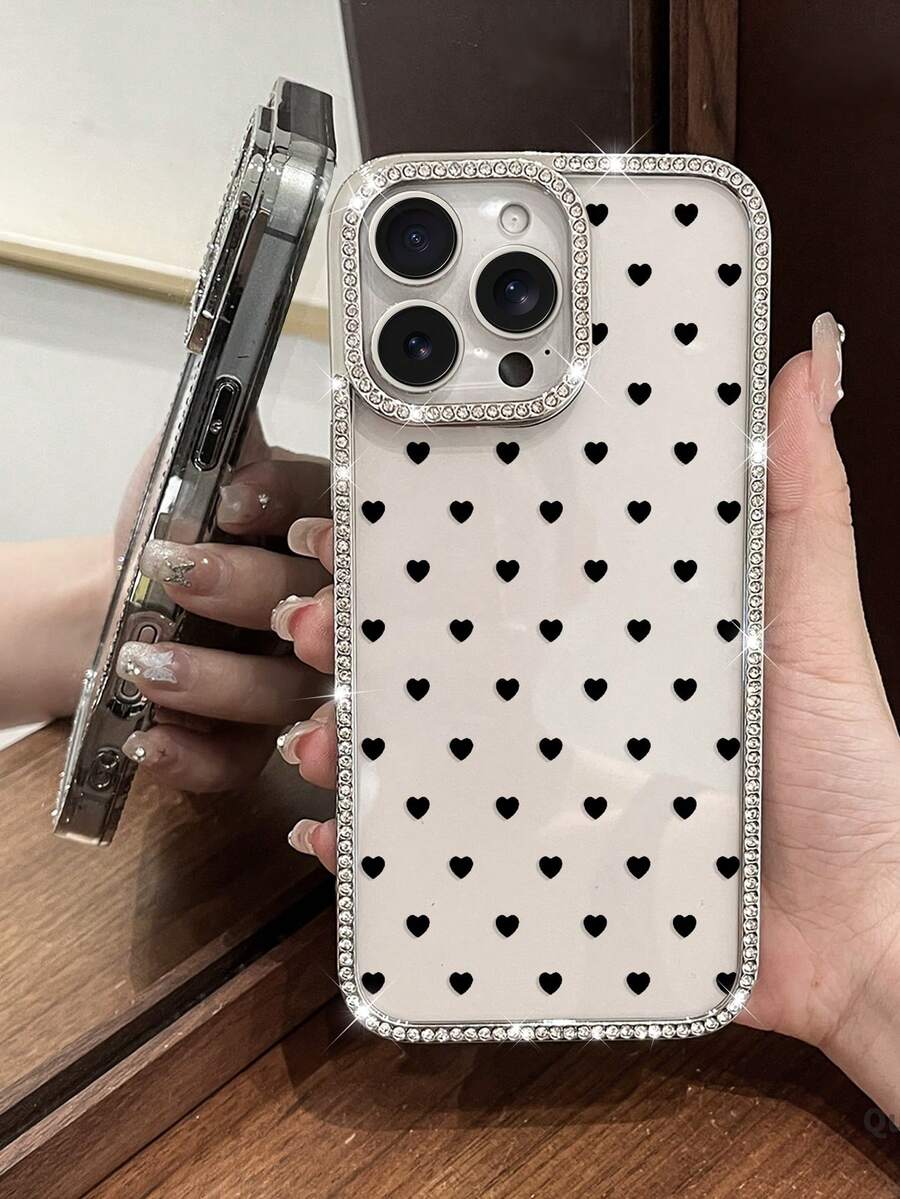 1 pieza Funda de teléfono de moda con marco plateado transparente y diamantes brillantes alrededor. Cuenta con un borde protector enchapado y es compatible con 17 Pro Max/16 Pro Max/15 Pro/14 Pro. Es un excelente regalo para tu mejor amiga y amigas. - Plateado - Ver 1