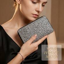 Shiny Silver Crystal Small Wallet With Secure Zip - Black - View 8