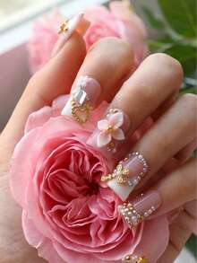 Handmade Sweet Luxury Short Duck Bill Press On Nails, Artisan Design, 3D Stereo Flower, Gold Butterfly, Heart Rhinestone, Pearl Chain Details, High-Gloss Finish, Salon-Quality Reusable, Ideal Gift For Noble Style Enthusiasts Summer - 彩色 - 查看 5