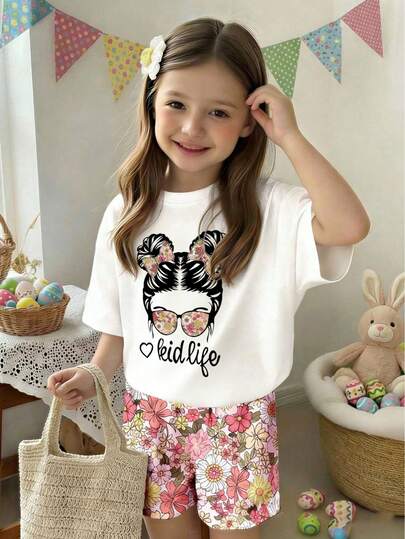 Young Girl Letter & Cartoon Print Round Neck Short Sleeve T-Shirt And Shorts Casual Daily Outfit