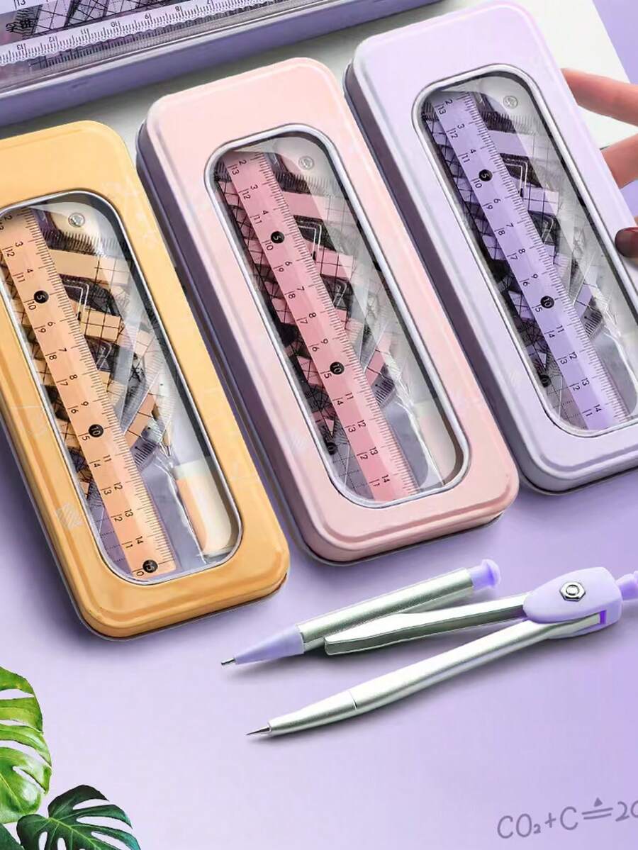 8pcs Upgraded Geometry Ruler Set, Protractor, Triangular Ruler, Compass, Math Teaching Tools, Drawing Learning Stationery, Math Instruments - Sets - View 1
