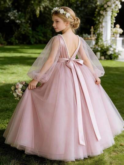 Tween Girl Deep V-Back Pearl Mesh Tulle Valentine's Day Party Princess Dress, Suitable For Teenage Girls Birthday Party, Flower Girl, Wedding, Prom, Holiday Occasion