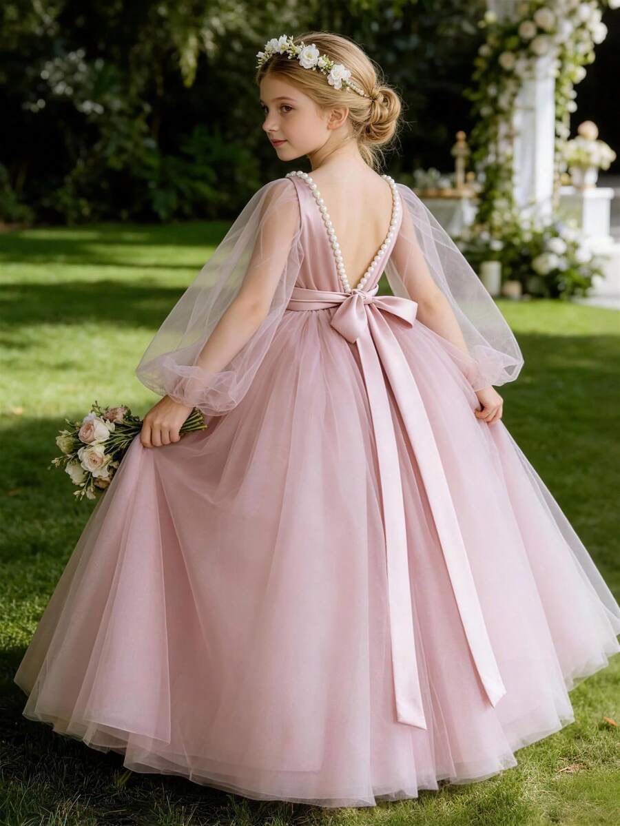 Tween Girl Deep V-Back Pearl Mesh Tulle Valentine's Day Party Princess Dress, Suitable For Teenage Girls Birthday Party, Flower Girl, Wedding, Prom, Holiday Occasion - Pink - View 1