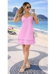 Women's Short, Loose-Fitting Dress With Layers And Ruffles In Candy Colors For Summer, With Adjustable Straps. - Rosa Pálido - Ver 5