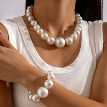 2pcs Set European And American Crossborder Accessories Large Pearl Necklace Elegant Multi-Layered Beaded Choker Necklace For Women - White - View 7