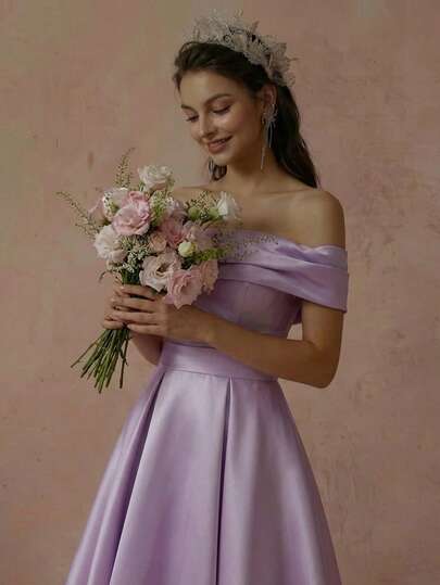 Women's Short Sleeve Off-Shoulder Ruched Formal Dress, Elegant Woven Flared Knee-Length Cocktail Dress