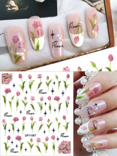 1 coală de autocolante pentru unghii cu lalele roz și violet, deblochează vibrațiile de primăvară, aplicare ușoară, autocolante florale pentru unghii, potrivite pentru sezoanele de primăvară/vară și petreceri de festivaluri de muzică, decorare unghii pentru femei