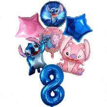 Stitch Themed Birthday Number Balloon Set, Includes Blue Number Foil Balloons And Angel Character Decorations, Suitable For Cartoon Party Celebrations, Friend Gatherings - Multicolor - View 11