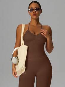 Yefecy New Impact Sports Yoga Tank Top, Women Fitness Yoga Shirt, Sports Wear, Backless Ruched Built-In Bra Crop Top Spring - Brown - View 4