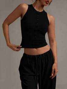 XLLAIS Summer Minimalist Solid Color Versatile Button Half-Placket Sleeveless Fitted Black Tank Top Casual - View 2