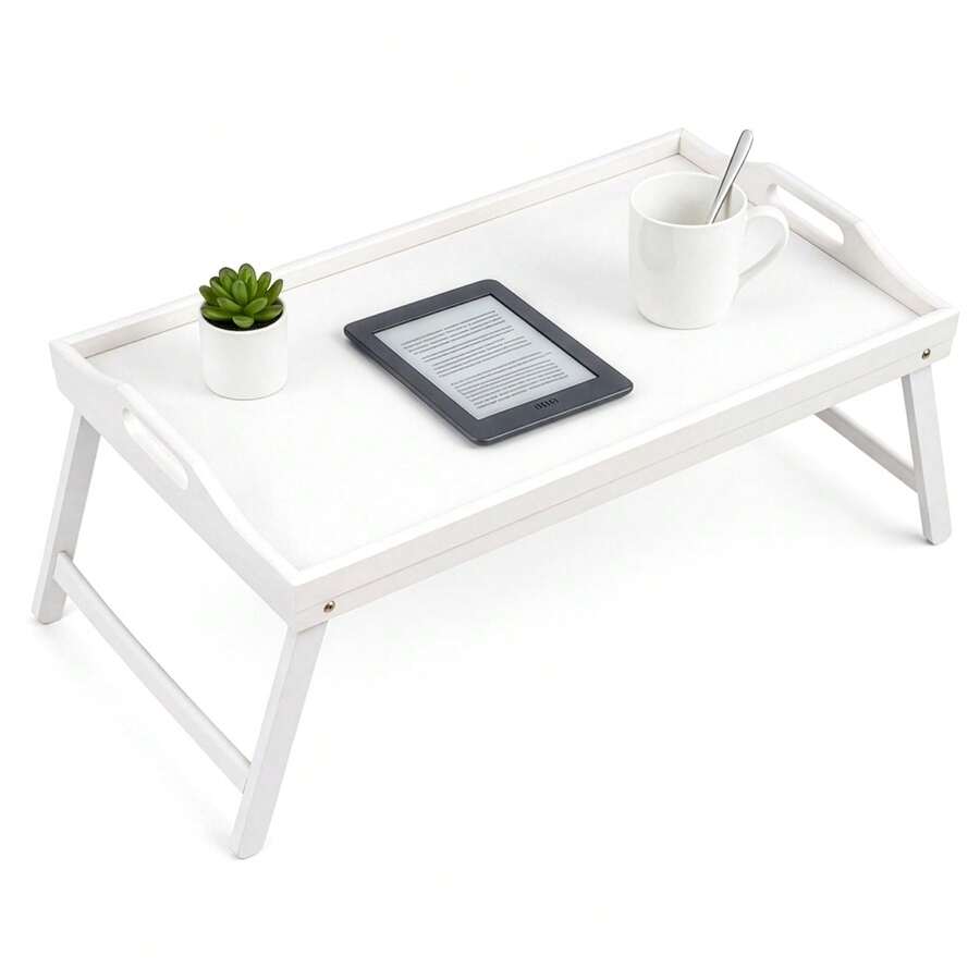 Multipurpose Bamboo Lap Tray – Foldable Bed Table With Carrying Handle & Stable Folding Legs – Perfect For Breakfast, Work, Or Snacks On Sofa Or In Bed (50 X 30 X 24 Cm) - White - View 1