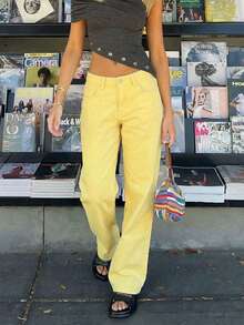 Women's Casual Versatile Solid Color Straight Leg Jeans - Yellow - View 5