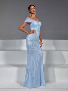 Women's Sequin Slip-Resistant Zipper Back Padded Dress Wedding Party Spring - Light Wash - View 8