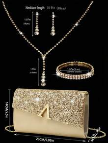 Cravure Bolso de mano de noche con lentejuelas brillantes y bolso de fiesta, diseño de novia de boda con forma de V, moda, viene con un juego de 3 piezas de joyería de noche brillante: elegante collar con colgante de cristal en forma de Y, aretes y pulsera, adecuado para niñas que asisten a fiestas, bodas y galas - Dorado - Ver 3
