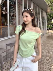 Áo thun ngắn tay bất đối xứng kiểu dáng mùa xuân mới về dành cho nữ, áo croptop dệt kim màu xanh bạc hà thanh lịch ôm sát người kiểu dáng mùa hè. - màu xanh lá - Xem 6