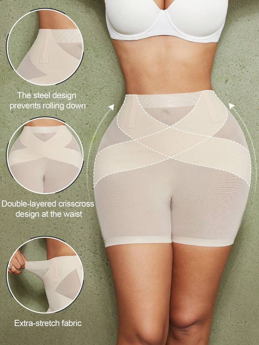 1件装女士塑身连体衣，收腹提臀，网眼短裤内裤 - 杏色 - 查看 1
