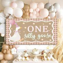 1set,One Silly Goose Birthday Banner Decor, Kraft Paint Paper Decoration One Silly Goose Backdrop For Princes First Birthday Party Decorations,Cute Goose With Pink Hat & Balloon Design For Babe 1st Birthday, Farm Themed Party & Photo Booth Background,Goose 1st Birthday Banner Gender Neutral Celebration & Photo Booth - View 4