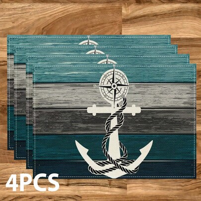 4/6/8 Pcs Anchor Pattern Placemats, Party Decor, Dining Table Mats (Linen), Washable Printed Coasters, Surface Protectors, Ideal Decoration For Holiday Kitchen And Home Gatherings
