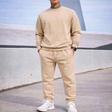 Sweatshirt And Pants Set With Pockets, Winter, Casual, Basic, Unisex, Plain - Beige - View 5