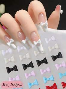 100 Stück gemischte Nageldekoration, Nagelzubehör Frühling/Sommer Schleife Harz Stil, weiß, rosa, schwarz, blaue Nageldekoration, luxuriöser französischer Stil, Metall Nagelzubehör für Hochzeiten, Reisen, Festivals, Feiern, glitzernde Strass Nagelsteine, geeignet für multifunktionale DIY Zubehör Nageldekoration - Verschiedenfarbig - Übersicht 4