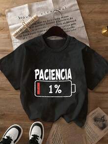 Women's T-Shirt With A Red Battery Icon Indicating 1% Battery Level, Casual Style, Round Neck And Short Sleeves, Suitable For Spring, Summer, Autumn, Back To School, Etc. - Black - View 4