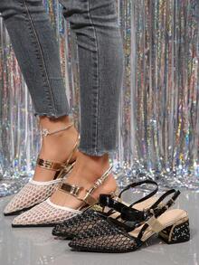 Sandalias de verano para mujer con malla hueca y punta abierta, correa de metal con tacón ancho, zapatos de moda con malla transpirable y de fácil deslizamiento, adecuados para fiesta, cita, ir al trabajo - Negro - Ver 9