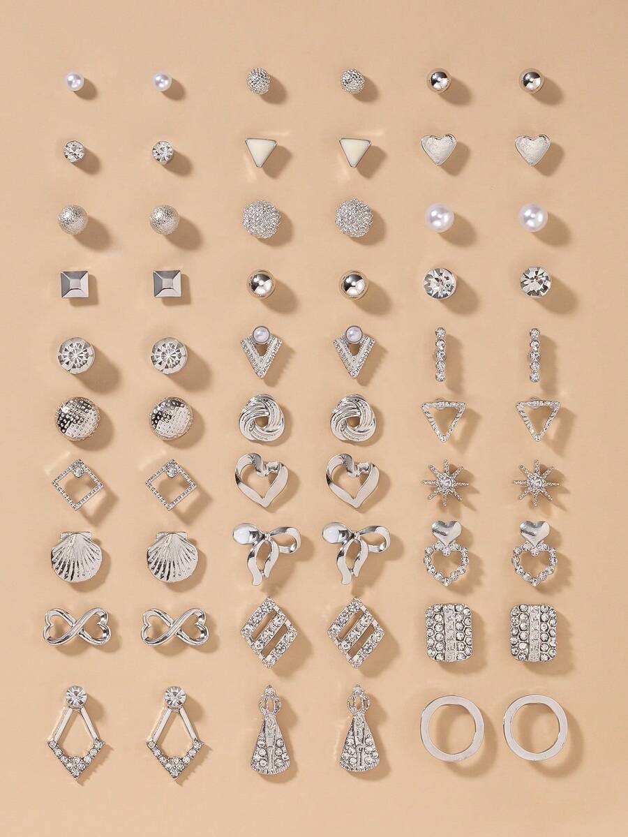 30 Pairs/Set Minimalist Floral, Bow, Geometric Pattern Earrings, Elegant Daily Wear, Party Jewelry Gift Set For Women - Silver - View 1