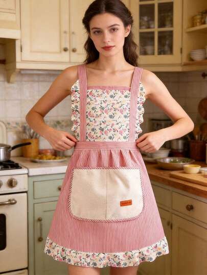 Avental estilo princesa para mulheres, grosso e respirável, ideal para cozinha/confeitaria, com bolsos grandes. Avental moderno para usar como vestido ou para limpeza. Lindo avental floral estilo princesa.