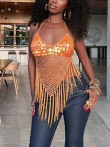 Women Sequin Knit Halter Top Sleeveless V Neck Solid Color Hollow Out Crochet Irregular Tassel Hem Crop Tank Top Summer Beach Vacation Backless Flowy Camisole - 橘色 - 查看 2