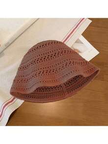 夏季镂空针织渔夫帽，透气防晒帽，修饰脸型的百搭遮阳帽，柔和米色调，简约剪裁设计，修饰脸型 - 直條套頭帽 - 查看 3