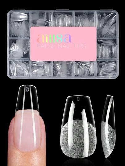 AILLSA 120/240/450pcs Medium Coffin Boxed Acrylic Nail Tips , 15 Sizes Half Frosted Inside Acrylic False Nail , Suitable For Nail Salons And DIY Nail Art Press On Nails Or Nail Supplies