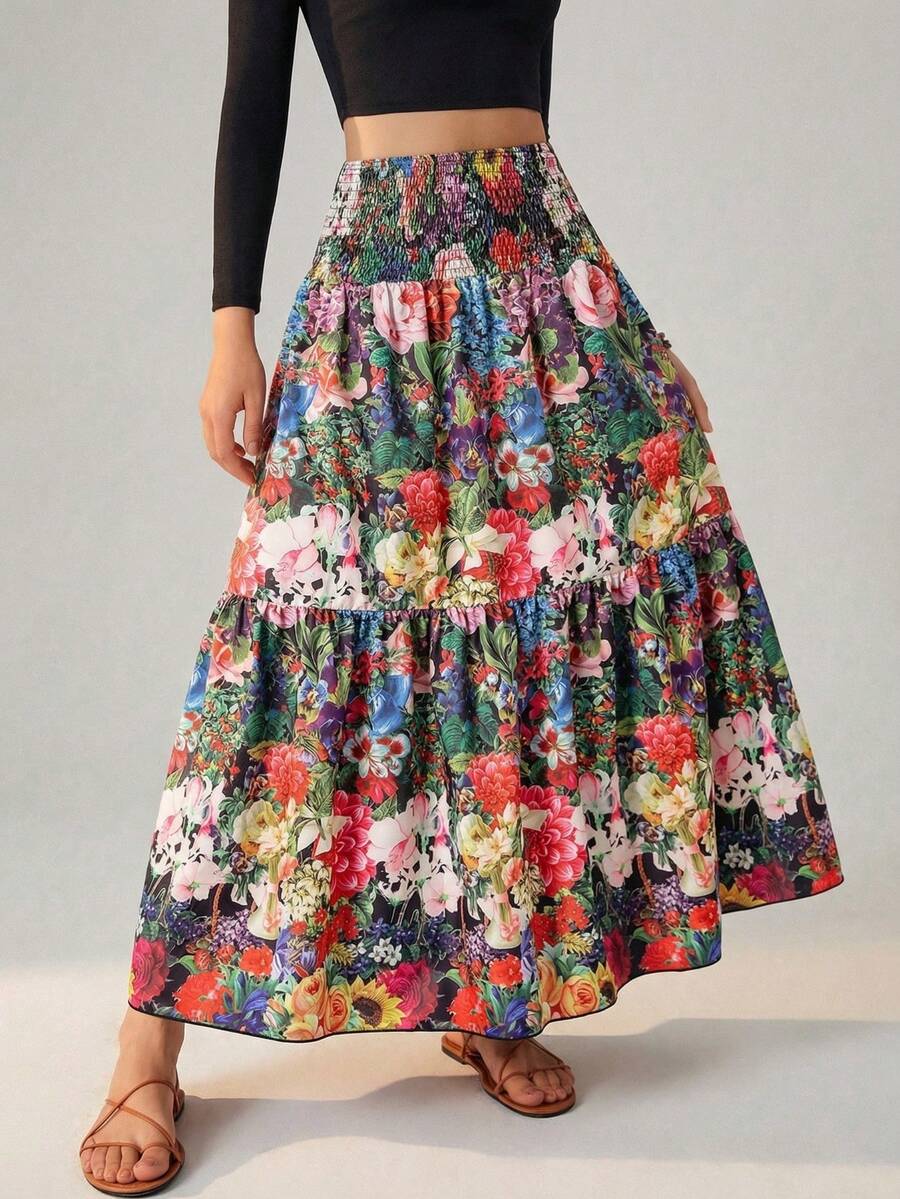 女士波西米亚风腰带荷叶边中长裙，度假夏季 - 彩色 - 查看 1